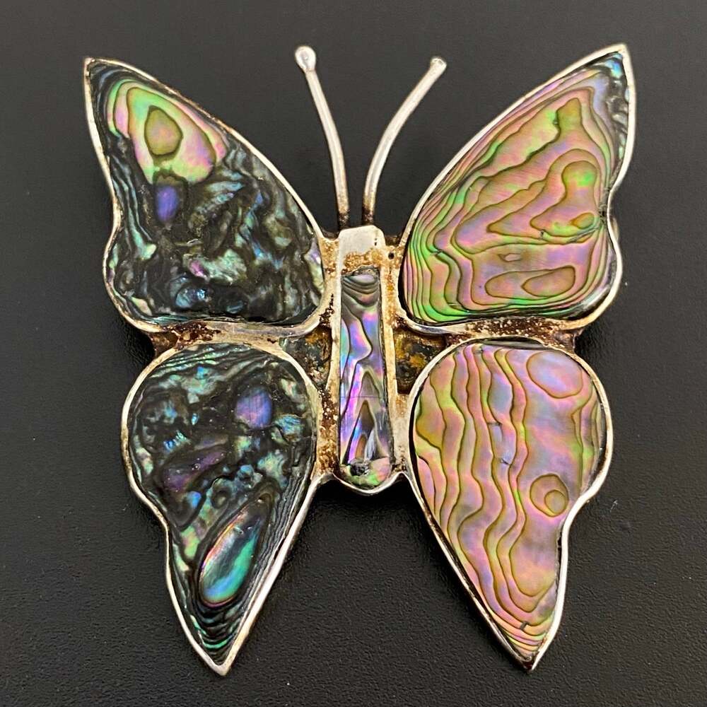 Vintage Mexican Alpaca Silver & Abalone Shell Butterfly Pin Brooch